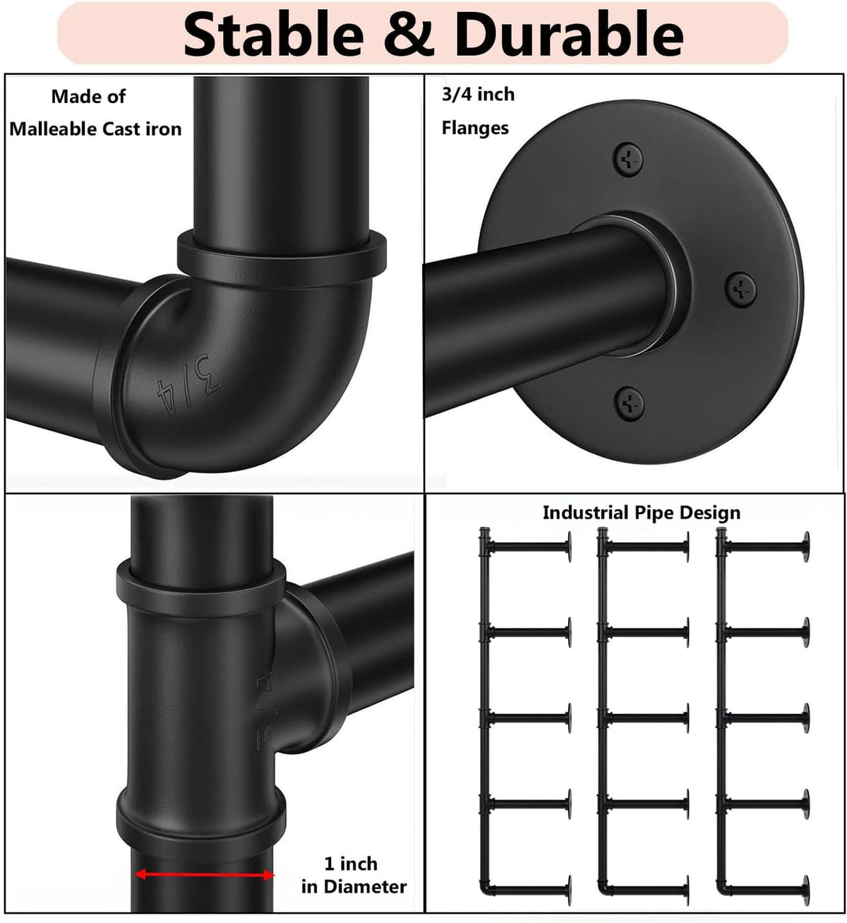 Industrial Pipe Shelf Brackets Wall Mount, Open Black Pipe Shelving for Kitchen,Floating Shelf Brackets Mount,Open Bookshelf Brackets for Shelves,Wall Shelves 12 Inch Deep,(2PcsX3Tier,61" Tall)