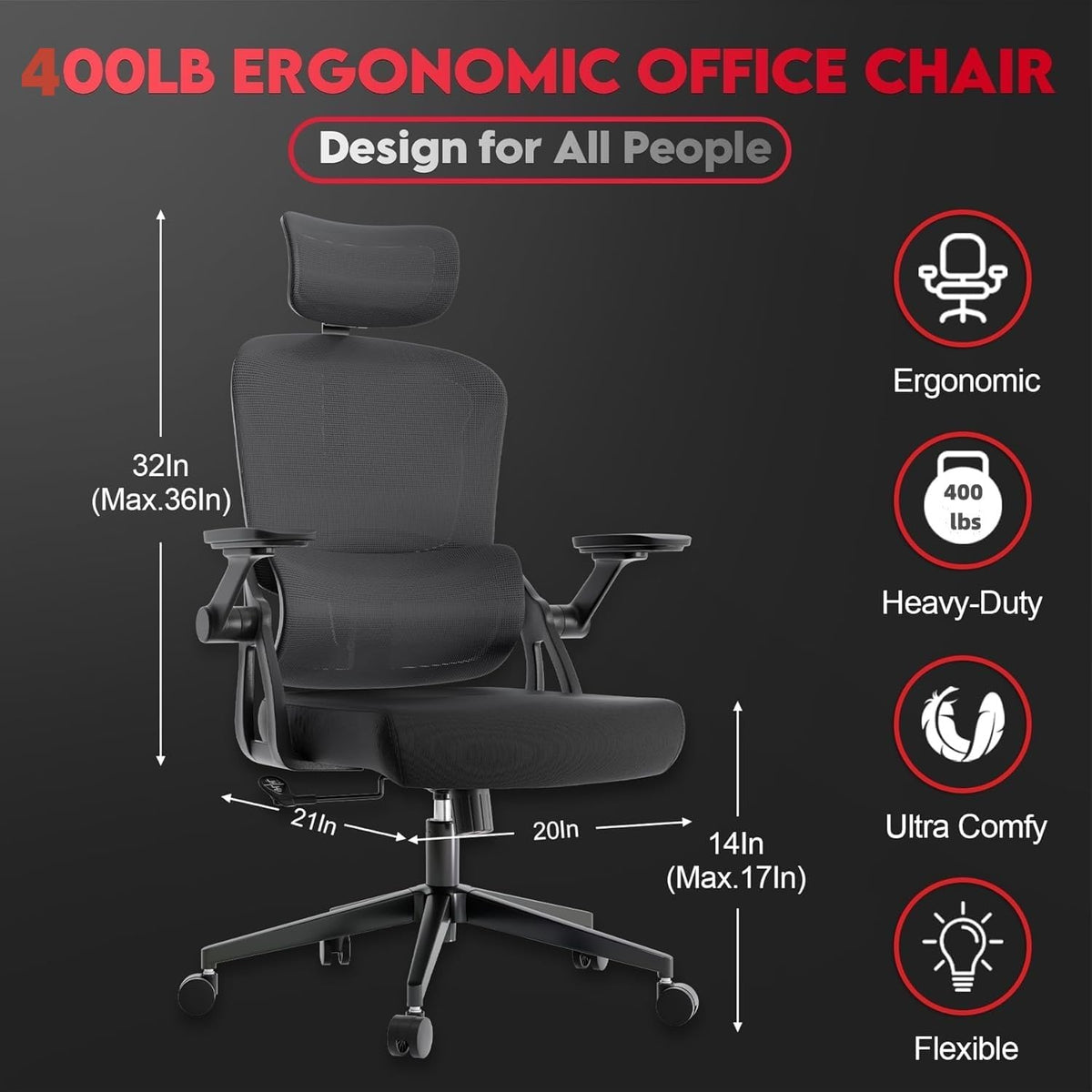 Big and Tall Ergonomic Office Chair - 400LB Comfy Desk Chairs with Headrest and Back Support, Heavy Duty Mesh Computer Chairs with Wheels and Arms for Home Office, Study, Bedroom and Dorm
