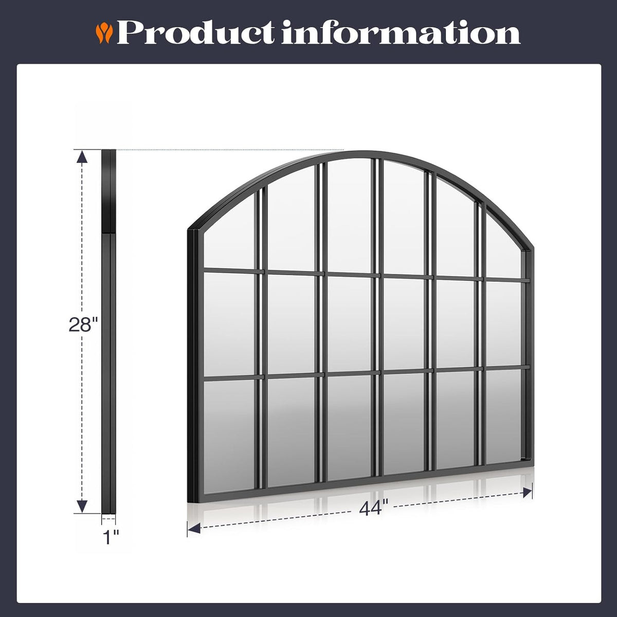 Wide Window Pane Mirror, 44" x 28" Black Arched Mirror for Wall, Grid Large Decorative Wall Mirrors for Living Room Bedroom Farmhouse Fireplace Hallway Entryway
