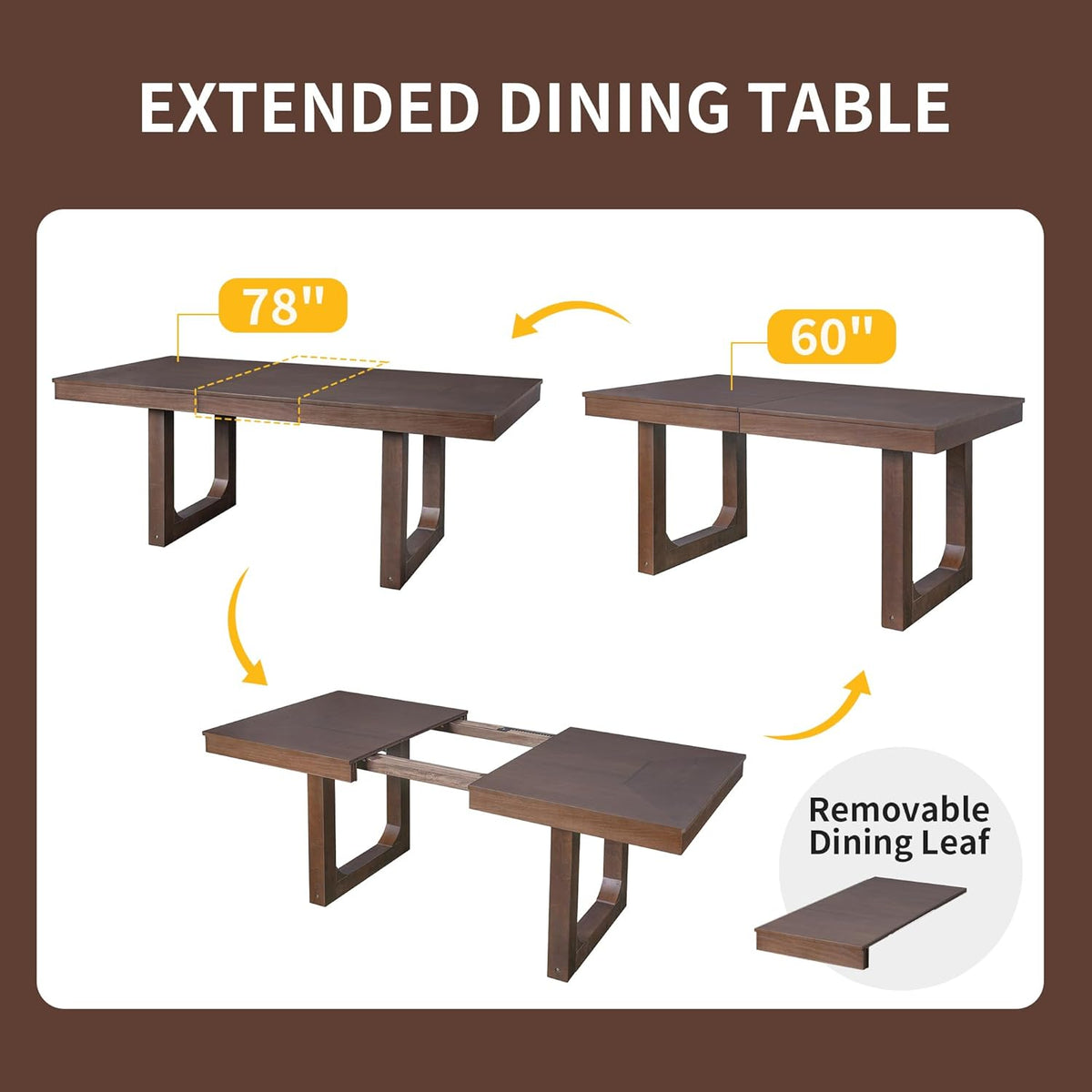 Merax 7 Piece Extendable Wooden Dining Table Set, Farmhouse Extendable with 18" Move Leaf, 78" Rustic and 6 Upholstered Chairs for Kitchen Room, Brown
