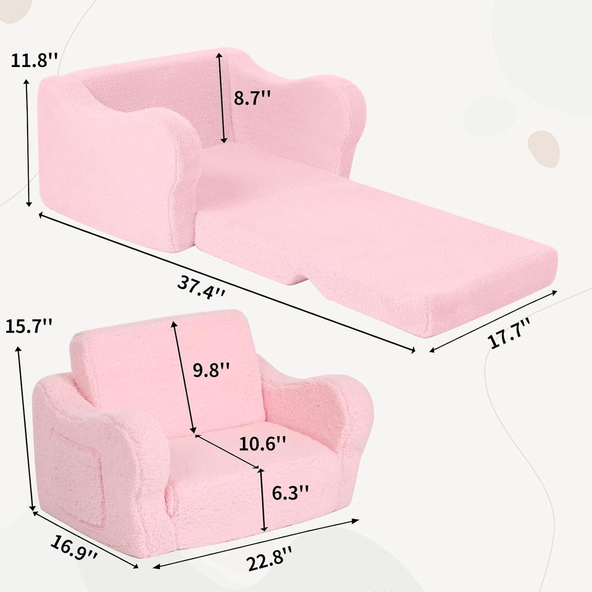 Comfy Toddler Chair, 2-in-1 Toddler Couch Fold Out, Convertible Sherpa Sofa to Lounger for Boys & Girls, Pink
