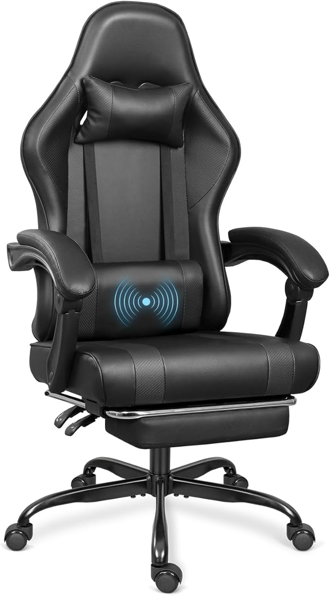 Gaming Chair with Footrest and Massage Lumbar Support, Height Adjustable Game Chair, Video Gaming Chair for Gaming Room, Living Room and Office - Black