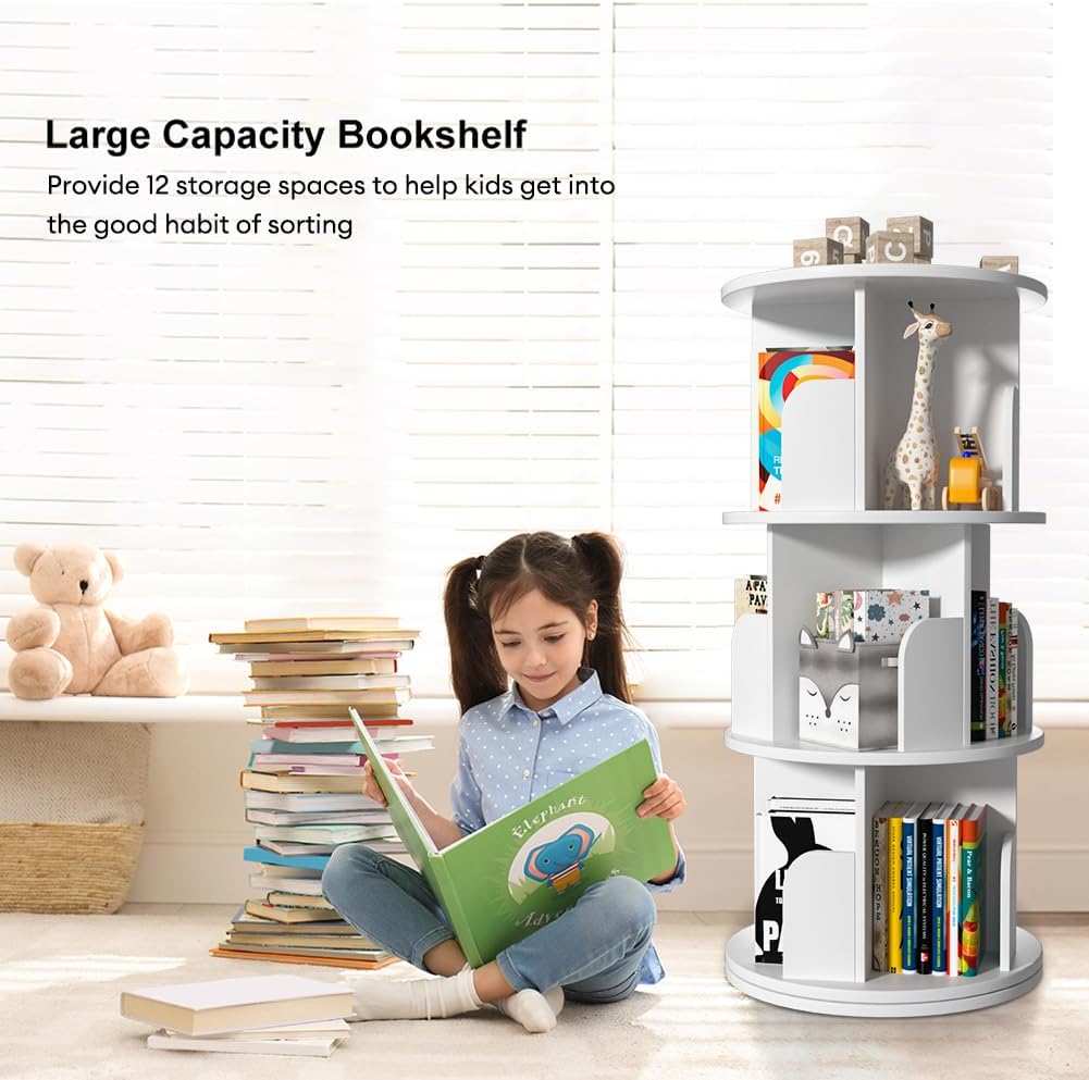 Nidouillet Rotating Bookshelf, Revolving Bookcase 360 Display Round Bookshelf Narrow Swivel Corner Book Shelf Standing Bookcase for Adult Bedroom, Living Room (White, 3 Tier)