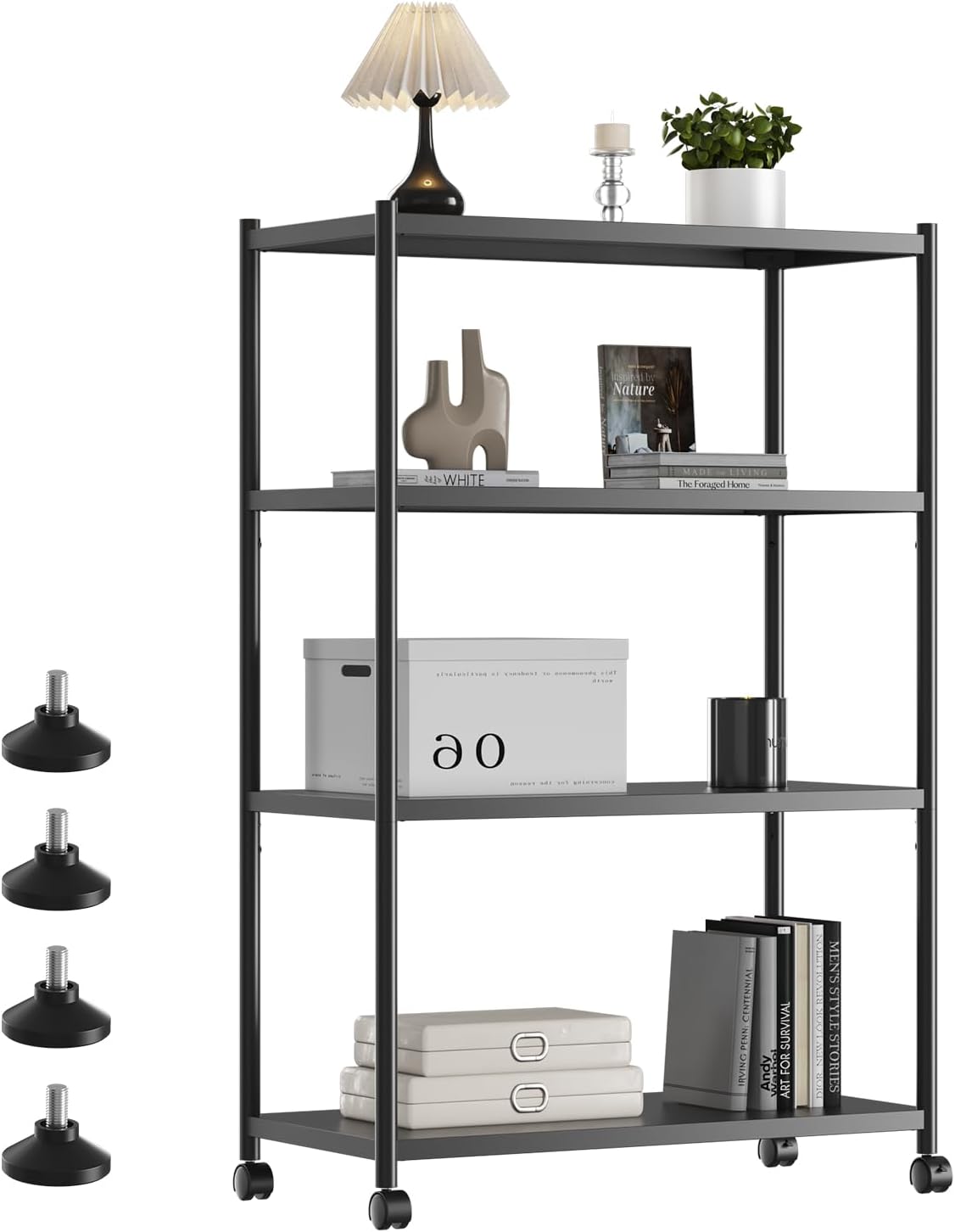 ZZL 4 Tier Bookshelf 31.49" Width,Book Organizers and Storage w/Wheels,Rustic Industrial Book Shelves for Home Office,Bedroom,School,Living Room(Black)