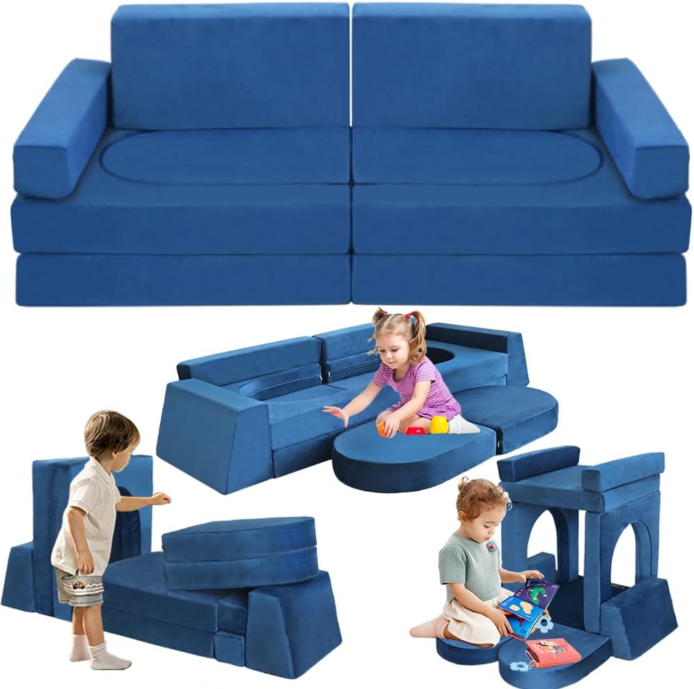 Modular Kids Play Couch Convertible Building Fort Sofa and Cushion 10Pcs Child DIY Floor Sofa for Sleeping Playroom Bedroom for Boys and Girls (Blue)