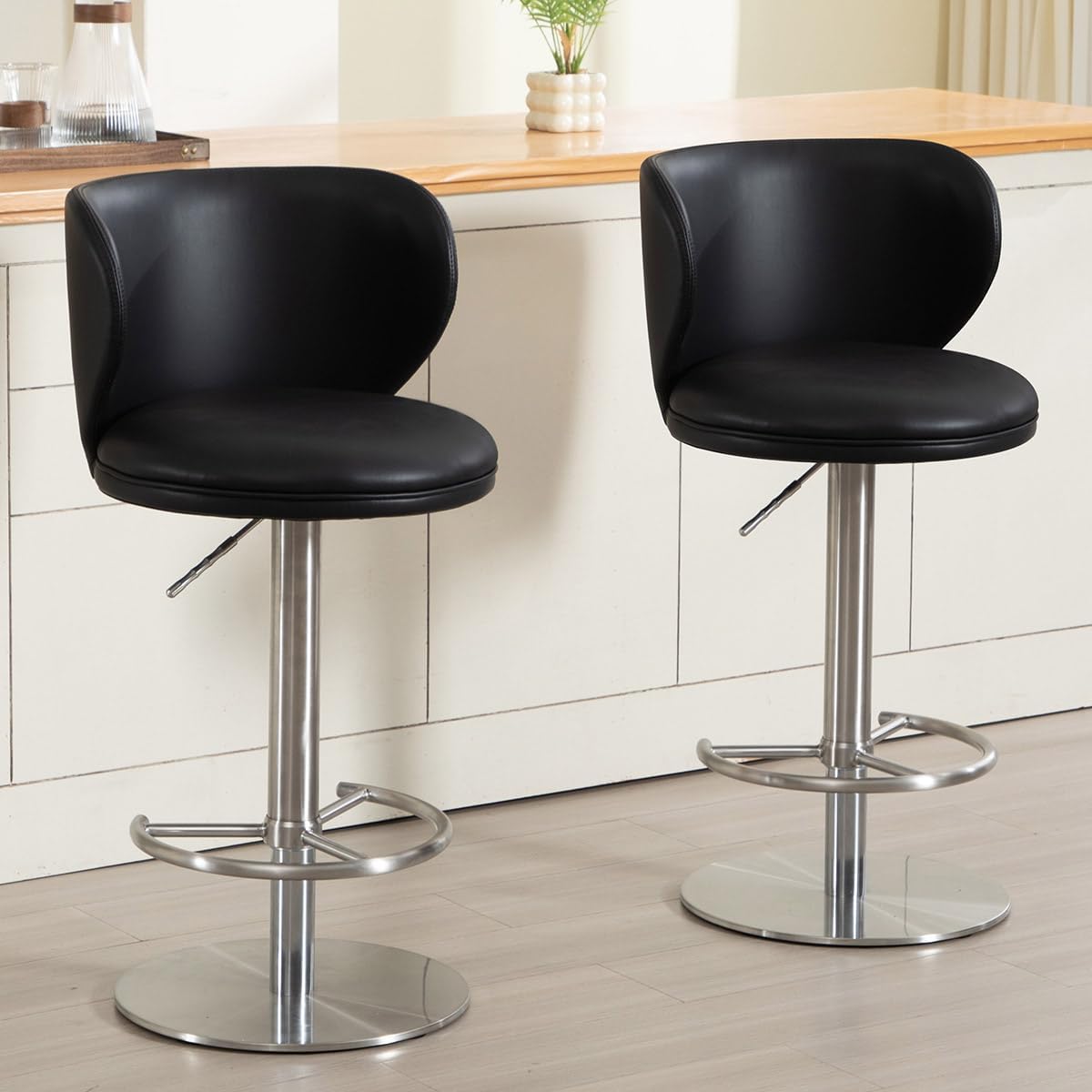 Black Titanium Stainless Steel Bar Stools,Grade Modern Leather Bar Chair with Backrest,Swivel Adjustable Height for Kitchen Counter and Dining Room (Black Leather-2pcs)
