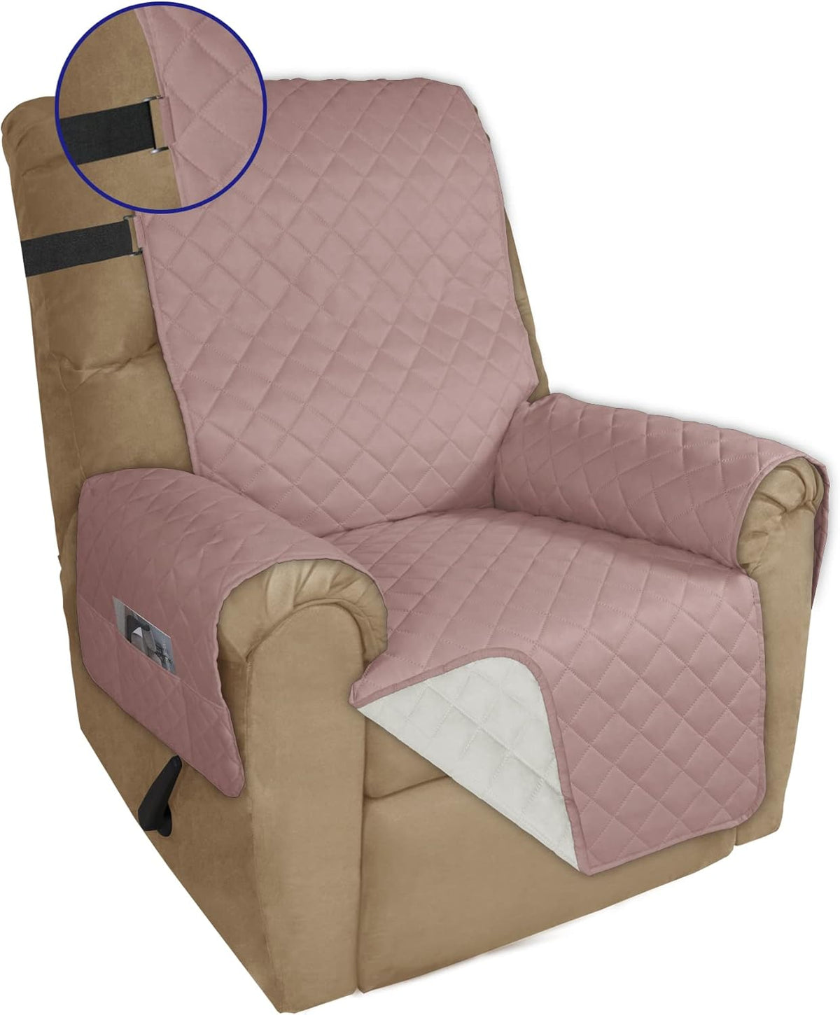 PureFit Reversible Sofa Cover Water Resistant Recliner Couch Cover, Machine Washable Furniture Cover with Adjustable Strap for Dogs, Pets (Recliner, Pink/Ivory)