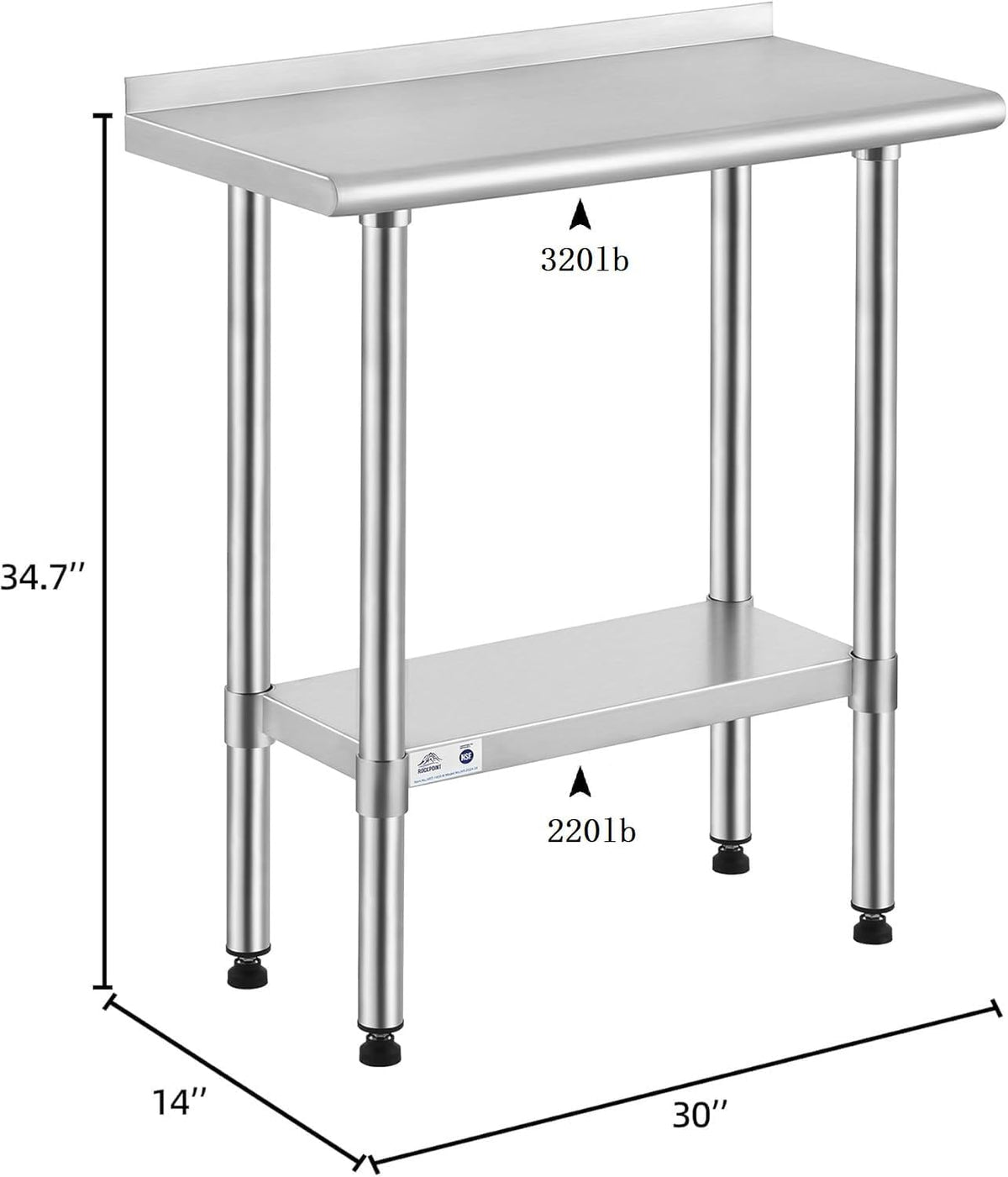 ROCKPOINT Stainless Steel Table for Prep & Work with Backsplash 14x30 Inches, NSF Metal Commercial Kitchen Heavy Duty Table with Adjustable Under Shelf and Table Foot for Restaurant, Home and Hotel