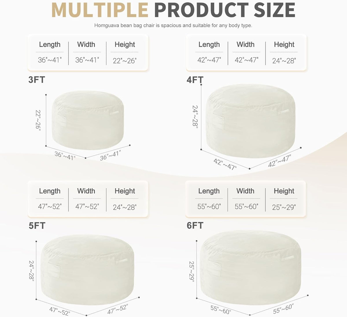 Homguava 5 FT Bean Bag Chair: 5' Bean Bags with Memory Foam Filled, Large Beanbag Chairs Soft Sofa with Dutch Velvet Cover-Beige