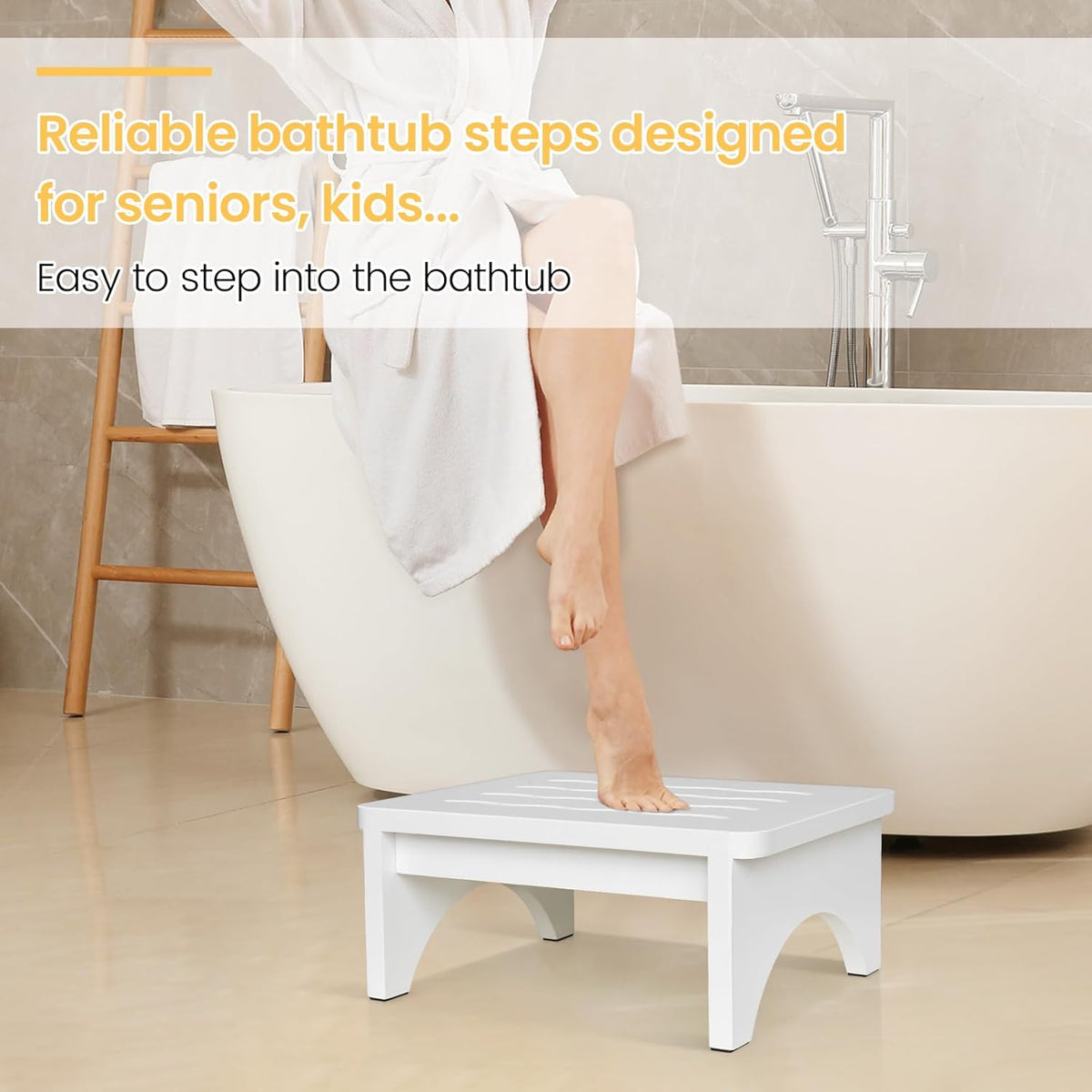 Wooden Step Stool for Adults, One Step Stool with Non-Slip Rubber, 6.9”x 15.7"" Bed Step Stool for High Beds, White Safety Foot Stool for Elderly, Kid