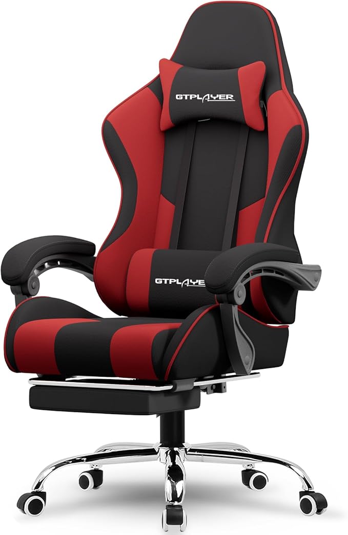 GTPLAYER Gaming Chair, Computer Chair with Footrest and Lumbar Support, Height Adjustable Game Chair with 360°-Swivel Seat and Headrest and for Office or Gaming (RED, Fabric)