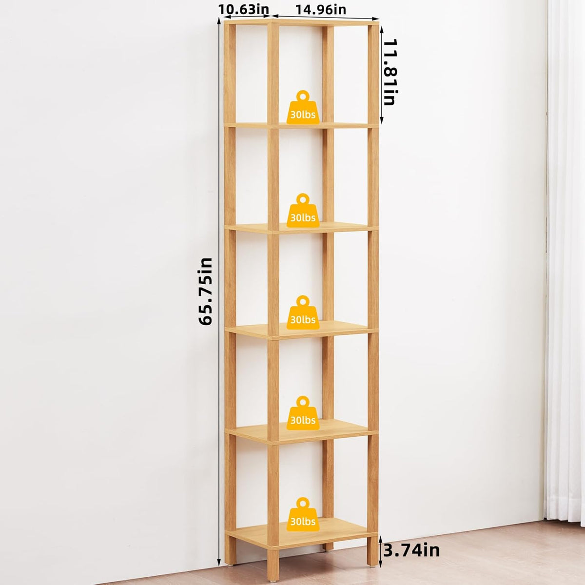 66in Tall Bookshelf 6-Tier Small Narrow Bookcase, Skinny Book Shelf for Small Space, Farmhouse Slim Shelf with Storage, Wood Freestanding Display Thin Bookshelves for Living Room, Natural