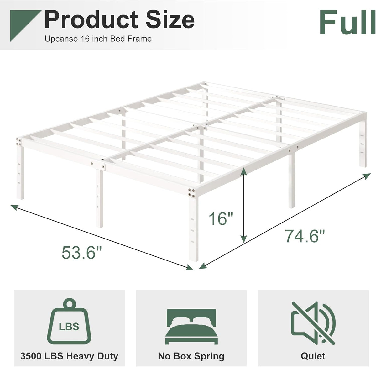 16 Inch White Full Size Bed Frame No Box Spring Need, Metal Platform Full Bed Frames with High Storage, Eassy Assembly 3,500 lbs Heavy Duty Bedframes