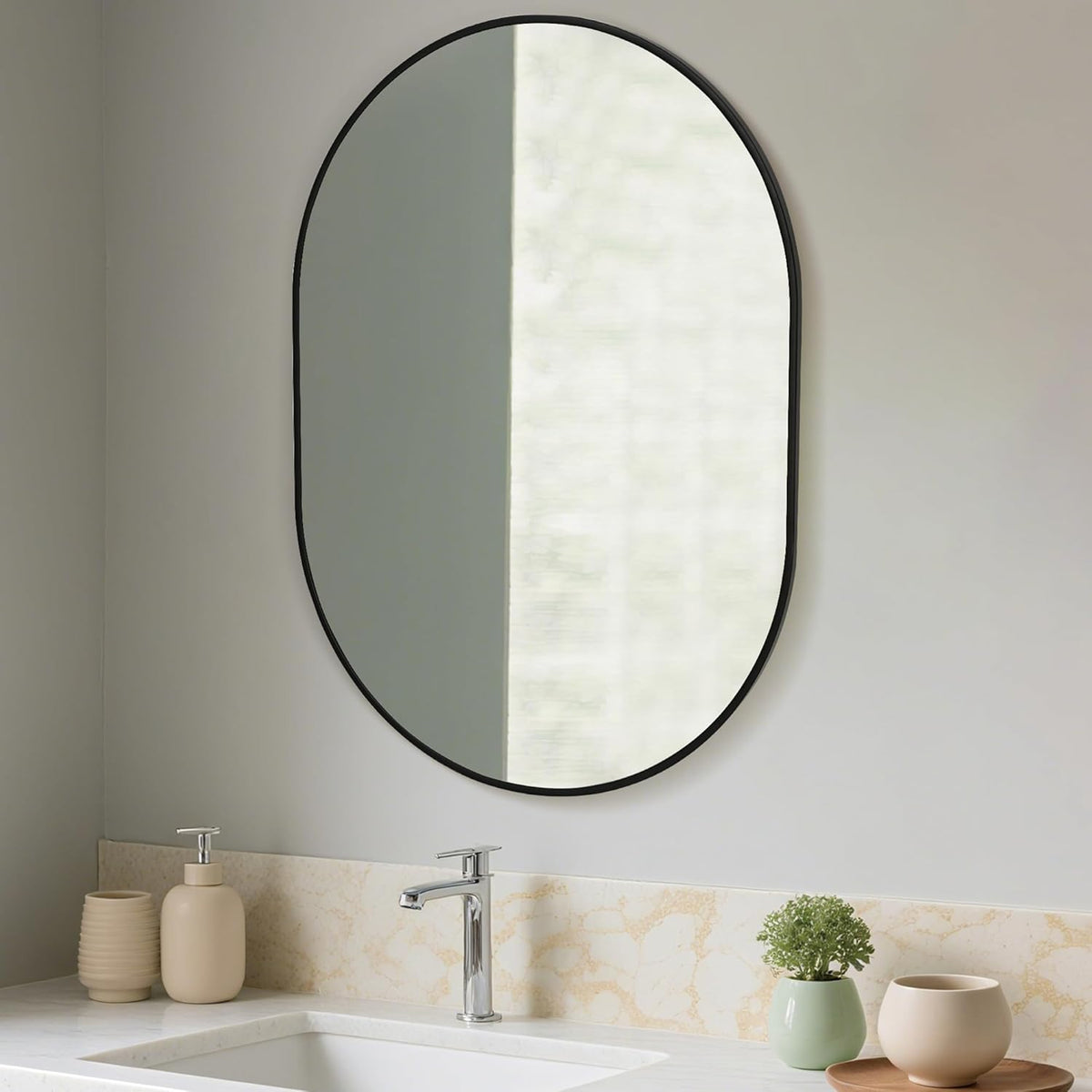 Oval Bathroom Mirror 24x36 Inch, Pill-Shaped Black Framed Wood Wall Mirrors with Tempered Glass for Bedroom,Entryway or Living Room