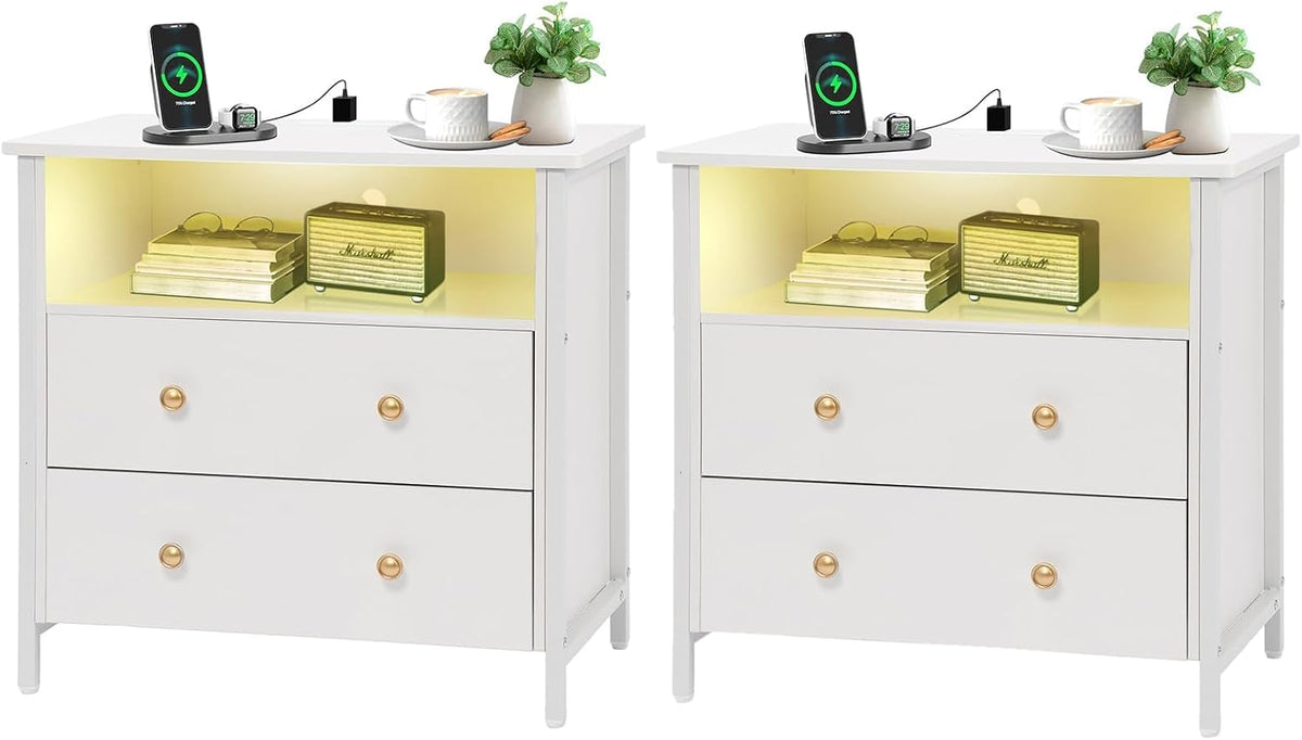 27 Inch Wide Night Stand, Large Wood Night Stand Set 2 with 2 Drawers, LED Nightstand with Charging Station and Adjustable Drawer, Bedside Table for Living Room/Bedroom/Study/Office, White.
