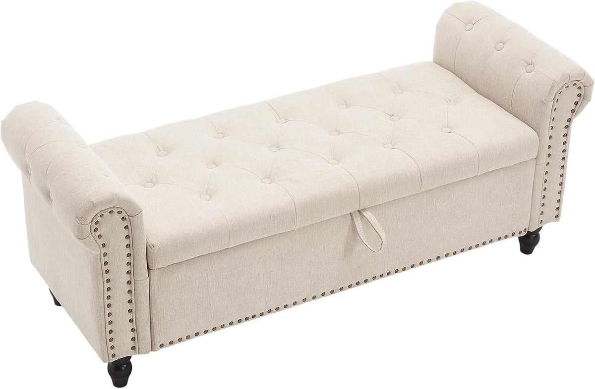 Furniliving 55” End of Bed Bench, Bedroom Bench with Button-Tufted, Large Upholstered Storage Ottoman Entryway Bench with Storage Shoe Cabinet Bench, for Bedroom, Linen, Camel