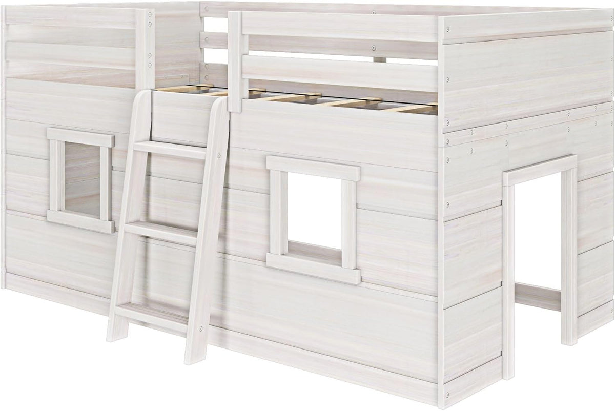 Max & Lily Modern Farmhouse Twin Low Loft Bed with Two Windows - Solid Wood, 15” Guardrails, 400-lb Capacity, Low-VOC Finish, White Wash