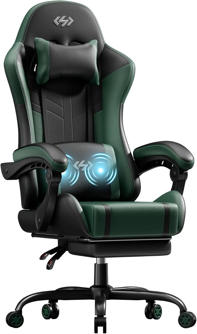 HLDIRECT Gaming Chair, Ergonomic Video Game Seat with 360° Swivel & Lumbar Massage, Computer Chair PU Leather Cushion for Adults Home/Office Use (Black & Green)