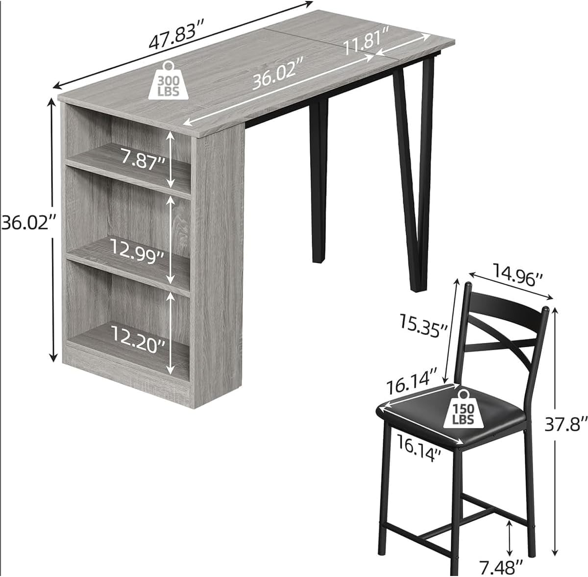 GAOMON 3 Piece Bar Table Set for 2, Bar Table and Chairs Set with with Flip Top Extension, Dining Table Set with Storage Shelves, Suitable for Small Space Kitchen Apartment, Grey