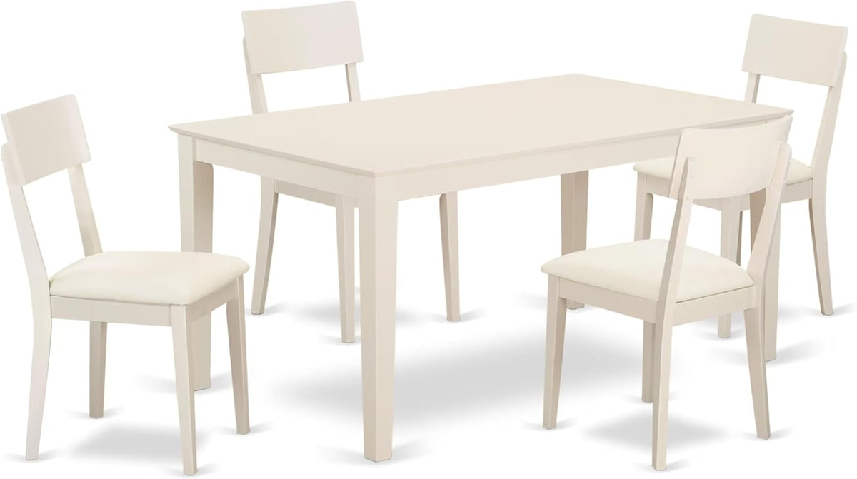 East West Furniture CAAD5-LWH-LC 5 Piece Dining Room Table Set Includes a Rectangle Kitchen Table and 4 Faux Leather Upholstered Dining Chairs, 36x60 Inch, Linen White