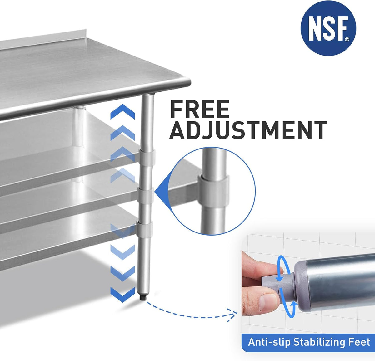 ROCKPOINT Stainless Steel Table for Prep & Work with Backsplash 14x30 Inches, NSF Metal Commercial Kitchen Heavy Duty Table with Adjustable Under Shelf and Table Foot for Restaurant, Home and Hotel