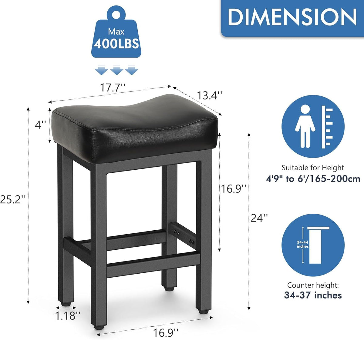 Counter Height Bar Stools Set of 2, 24 Inch Barstools for Kitchen Island Counter, Bonded Leather Kitchen Stools with Thick Saddle Seats & Heavy Duty Metal Base, Easy Assembly, All Black