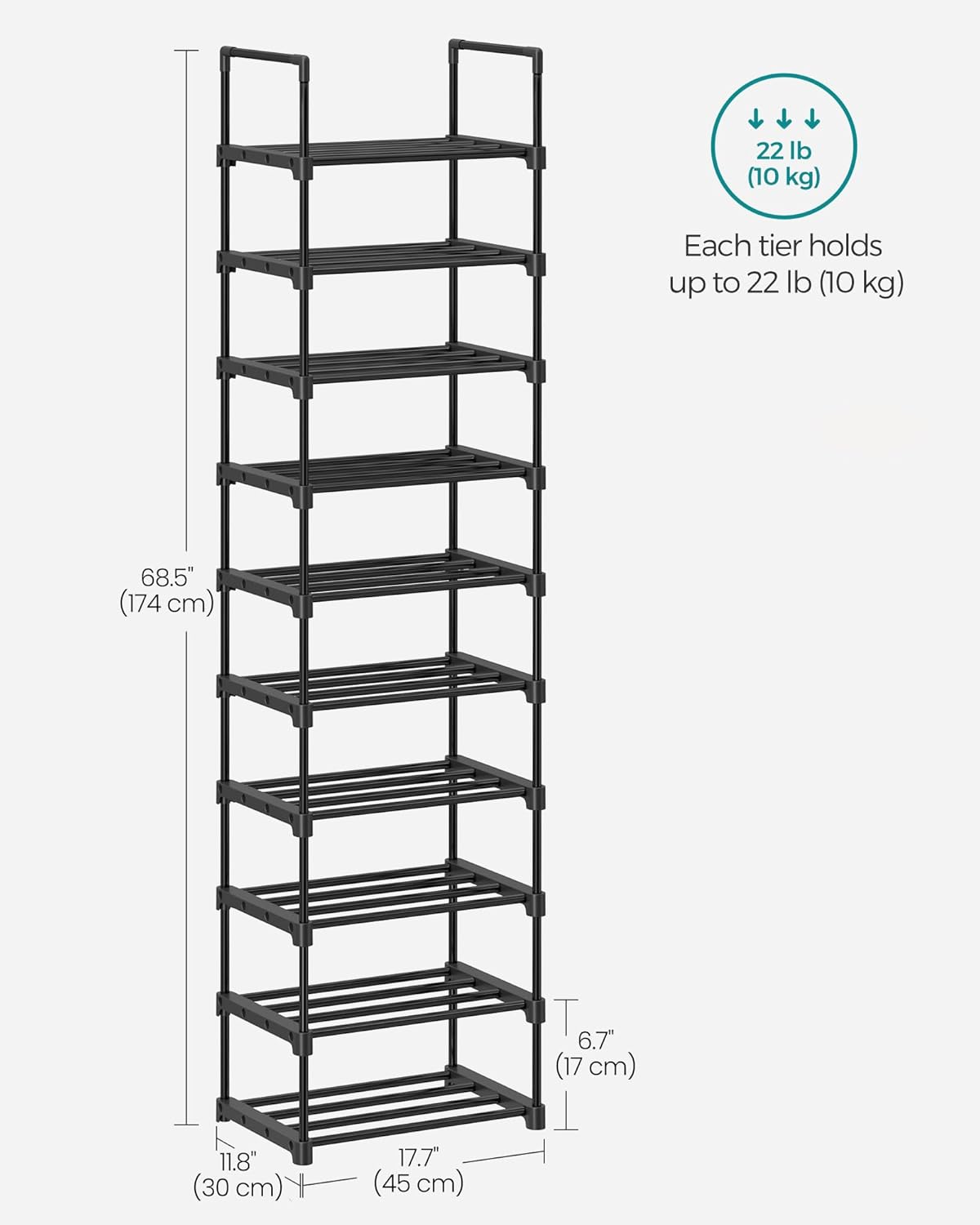 SONGMICS Shoe Rack, 10-Tier Shoe Organizer, Metal Storage Shelf, Upright or Upside Down, for 11-22 Pairs, for Entryway, 11.8 x 17.7 x 68.5 Inches, Black ULSA25BK