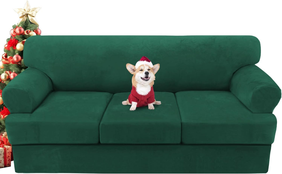 H.VERSAILTEX Sofa Cover 4 Piece T Cushion Sofa Slipcovers Thick Velvet Couch Cover Stretch T Cushion Sofa Covers for 3 Cushion Couch with 3 Individual T Cushion Covers, Vintage Green