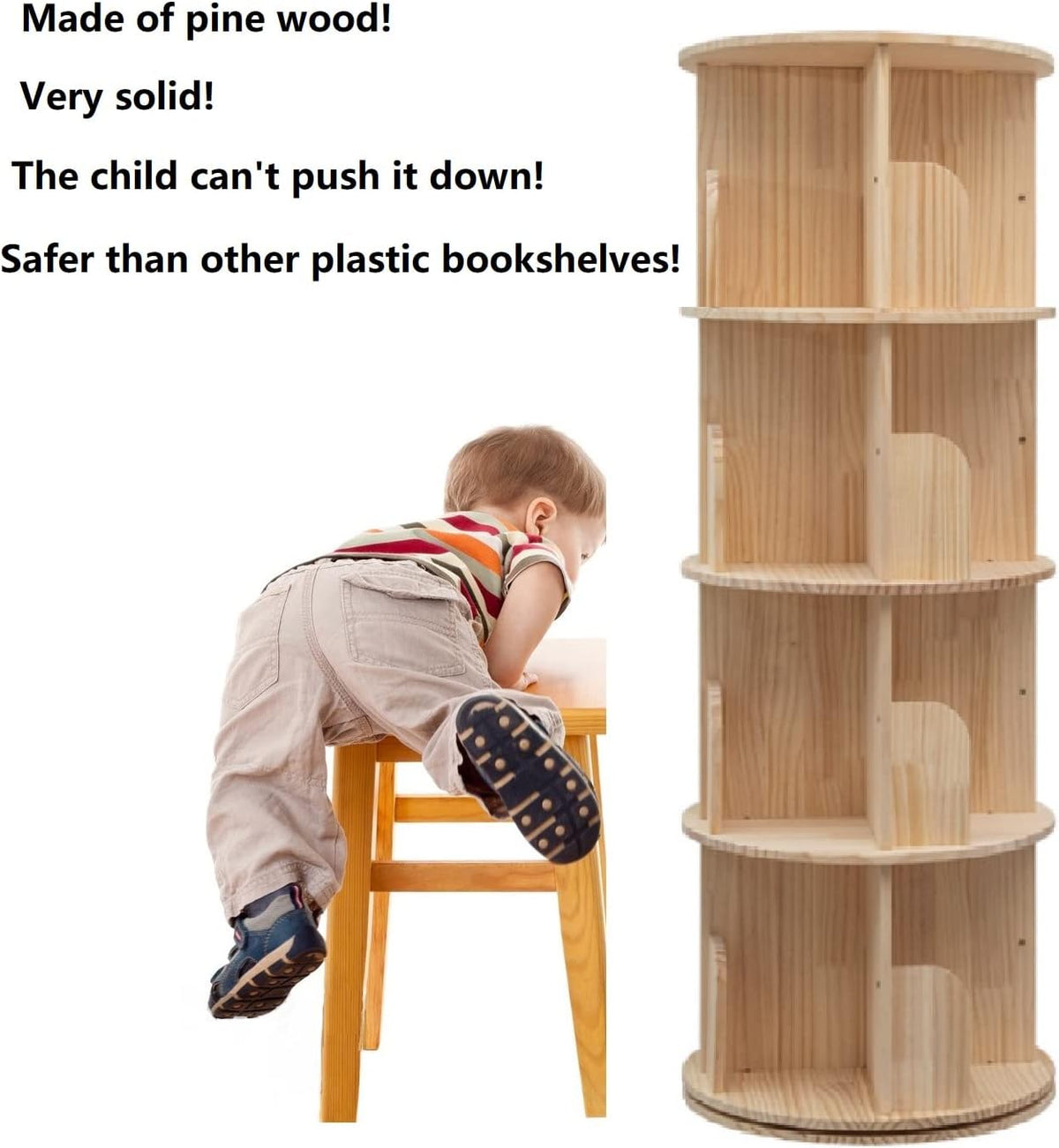 Heehee Rotating Wooden Bookshelf 360 Display 4 Tier Floor Standing Bookcase Storage Rack for Kids&Adults Solid Wood Bookshelf Organizer