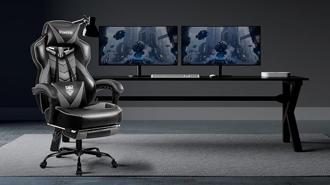 Vonesse Gaming Chair, High Back Gaming Chair with Footrest and Massage, Gaming Chairs for Adults with Pocket Spring Cushion, Big and Tall Reclining Computer Chair with Lumbar Support (Grey/Black)