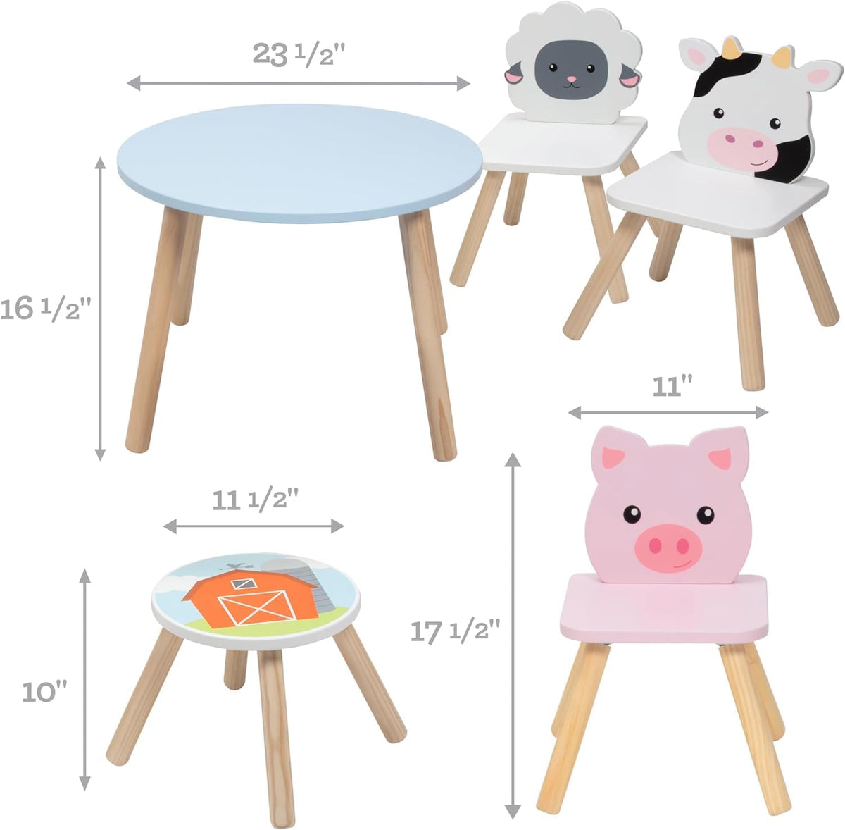 Kids Wooden Animal Table & Chair Set w 4 Seats- Cow Pig Sheep Plus Adult Stool for Arts Crafts, Dining, Pretend Play- Durable Playroom Furniture for Home, Daycare Classroom- Toddler Children Gift