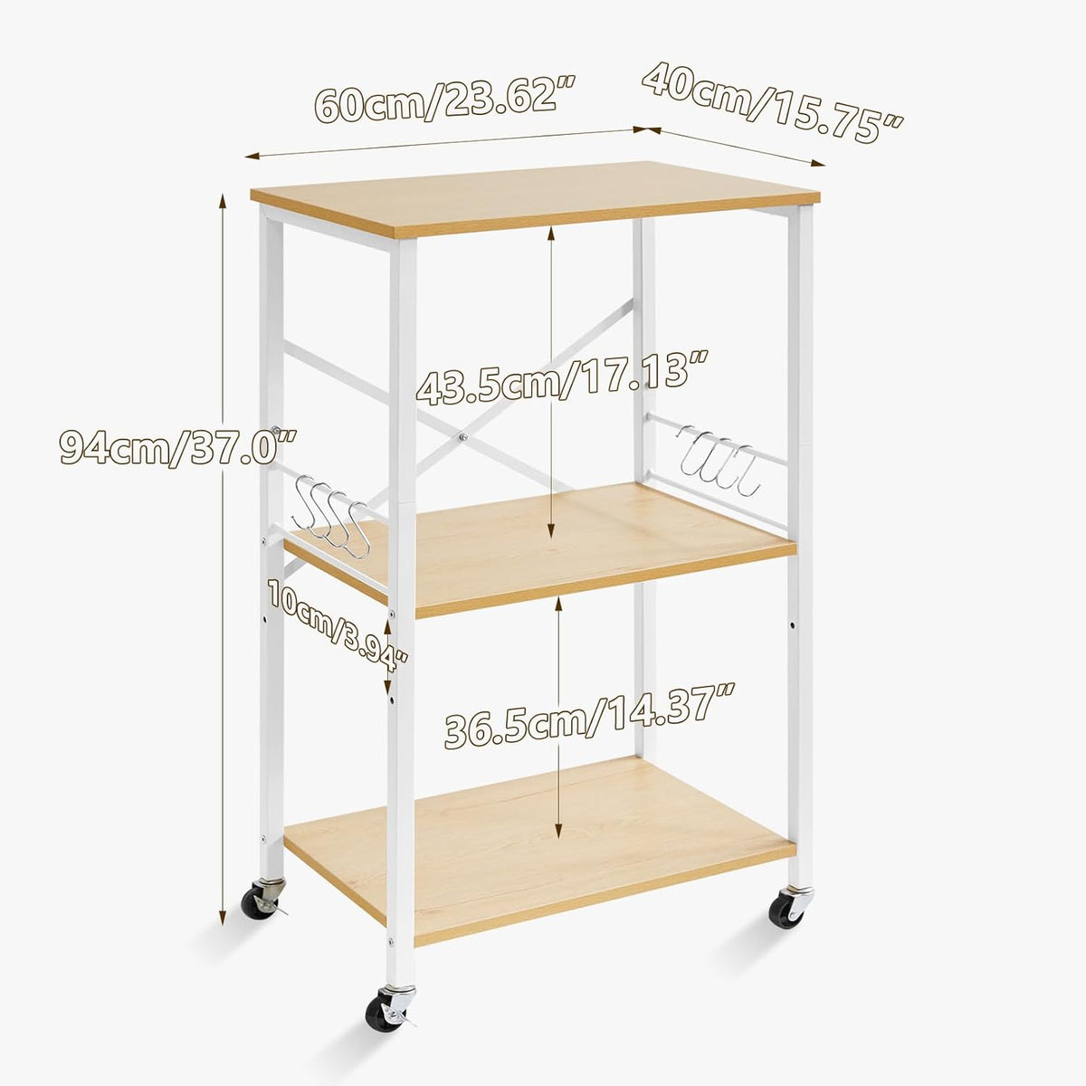 IBUYKE Kitchen Shelf Cart, 3-Tier Microwave Oven Stand, Baker’s Rack with Metal Frame and 8 Hooks, Industrial Printer Stand, Utility Standing Storage Shelf for Coffee Bar, Simple Assembly, TMJ023R