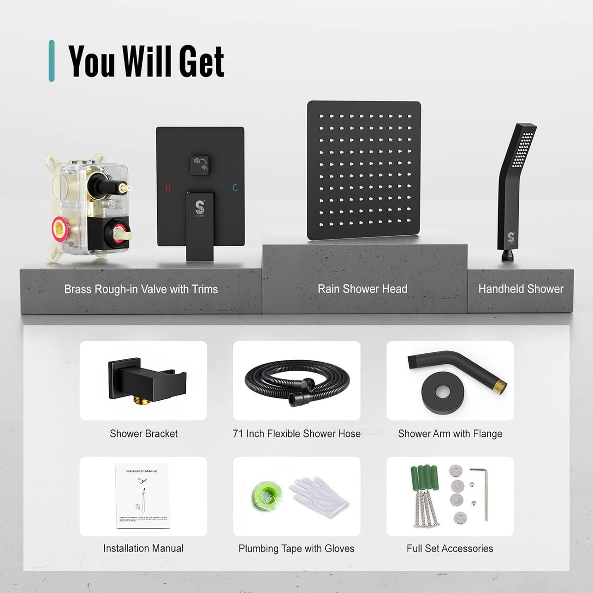 SR SUN RISE Shower Faucet - 8 Inch Shower System with Rain Shower Head and Handheld Spray - Shower Faucet Trim Repair Kits with Diverter Valve - All Metal Shower Set - Matte Black