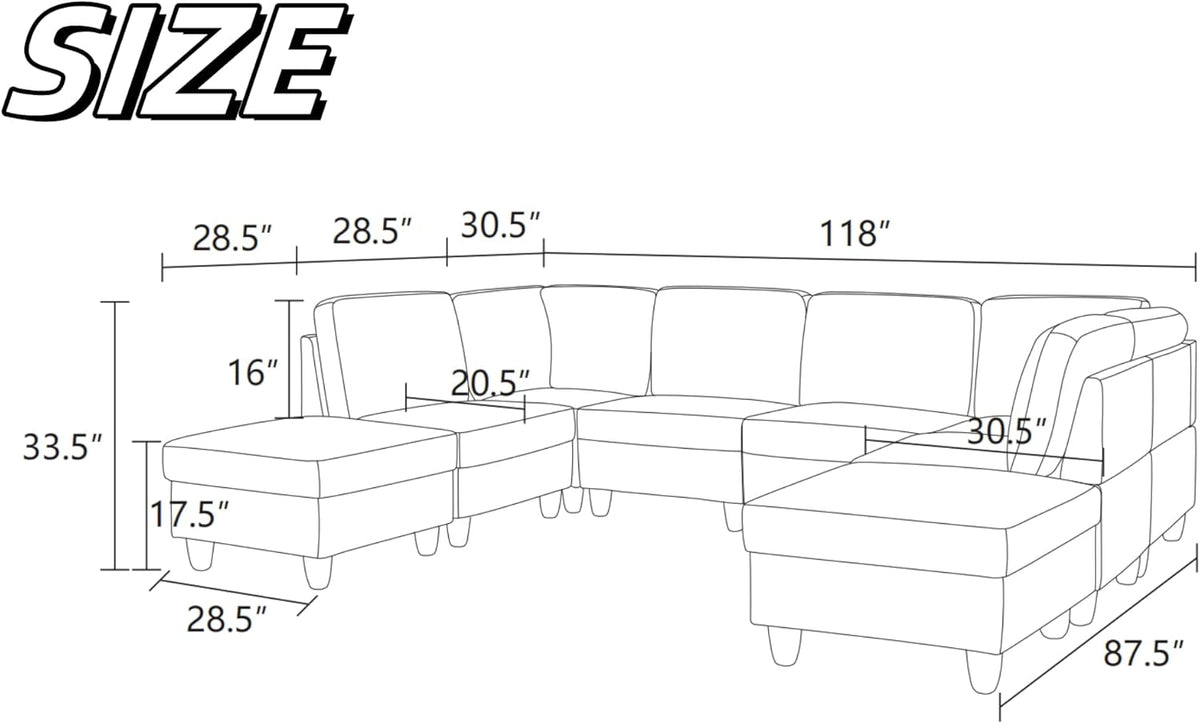 U Shaped Sectional Couch, Convertible Modular Sectional Sofa with Ottomans, 8 Seat Comfy Corner U Shaped Couch Lounge Modern Modular Couches for Living Room Apartment, Grey