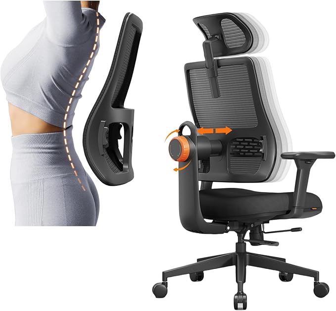 Newtral Ergonomic Home Office Chair, High Back Desk Chair with Unique Adaptive Lumbar Support, Adjustable Headrest, Seat Depth Adjustment, 96°-126° Tilt Function, Adjustable Armrest Recliner