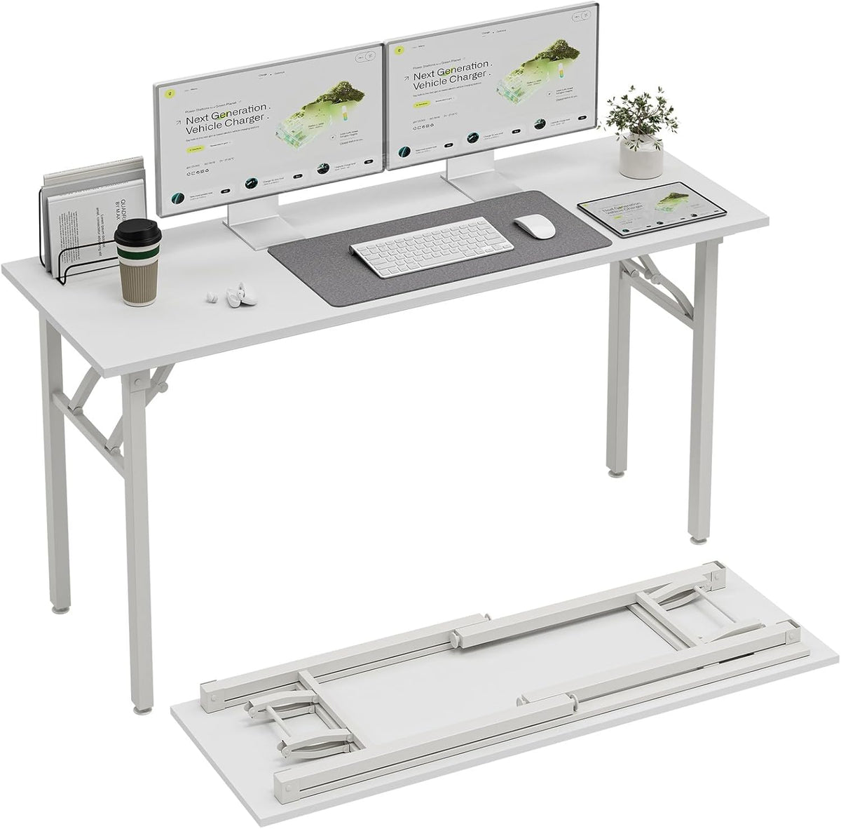 TEMI Long Computer Desk Folding Table - 55.1" Foldable Office Desk, No Assembly, Perfect Writing Table for Bedroom, Dorm, or Apartment, Portable Large Desk or Study Table with Compact Design, White