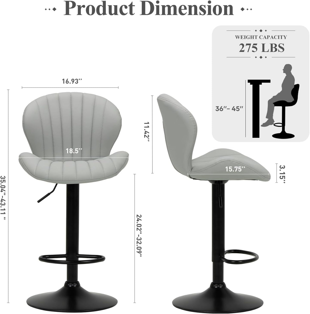 COLAMY Bar Stools Set of 2, Modern Swivel Bar Chairs, Adjustable Faux Leather Upholstered Barstools Counter Height with High Backrest for Bar, Kitchen Island, Dining Room, Grey
