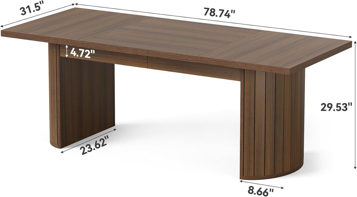 1Easylife 78.74 Inches Long Dining Table for 6, All Wooden Rectangle Kitchen Table, Vintage Dinner Table, Large Dining Room Tables with Half Round Pedestal Fence Design, Deep Brown