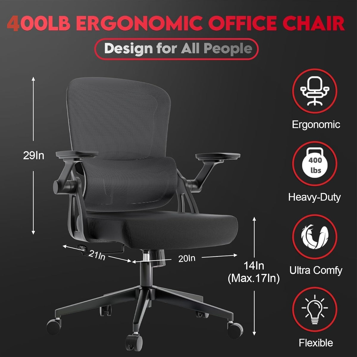 Big and Tall Ergonomic Office Chair，400LB Comfy Desk Chairs with Lumbar Back Support, Heavy Duty Mesh Computer Chairs with Wheels and Arms Comfortable for Home Office, Study, Bedroom