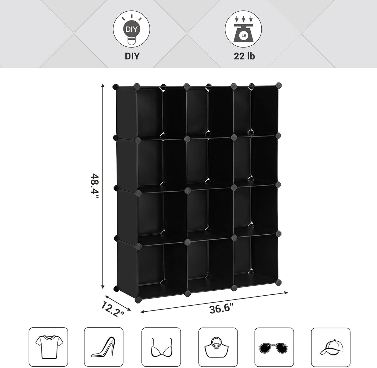 SONGMICS Cube Storage Organizer, Set of 12 Plastic Cubes, Book Shelf, Closet Organizers and Storage, Room Organization, Bedroom Living Room, 12.2 x 36.6 x 48.4 Inches, Black ULPC34BK