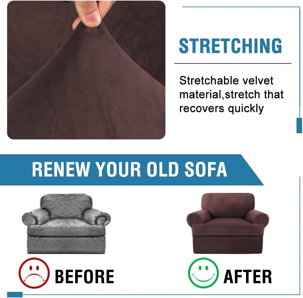 H.VERSAILTEX Sofa Cover 2 Piece T Cushion Armchair Slipcovers Thick Velvet Couch Cover Furniture Protector Stretch T Cushion Sofa Covers for 1 Cushion Couch with 1 Individual T Cushion Covers, Brown
