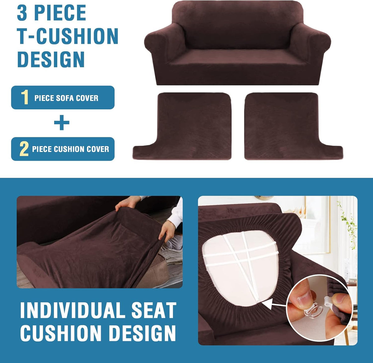 H.VERSAILTEX Sofa Cover 3 Piece T Cushion Sofa Slipcovers Thick Velvet Couch Cover Furniture Protector Stretch T Cushion Sofa Covers for 2 Cushion Couch with 2 T Cushion Covers Washable, Brown