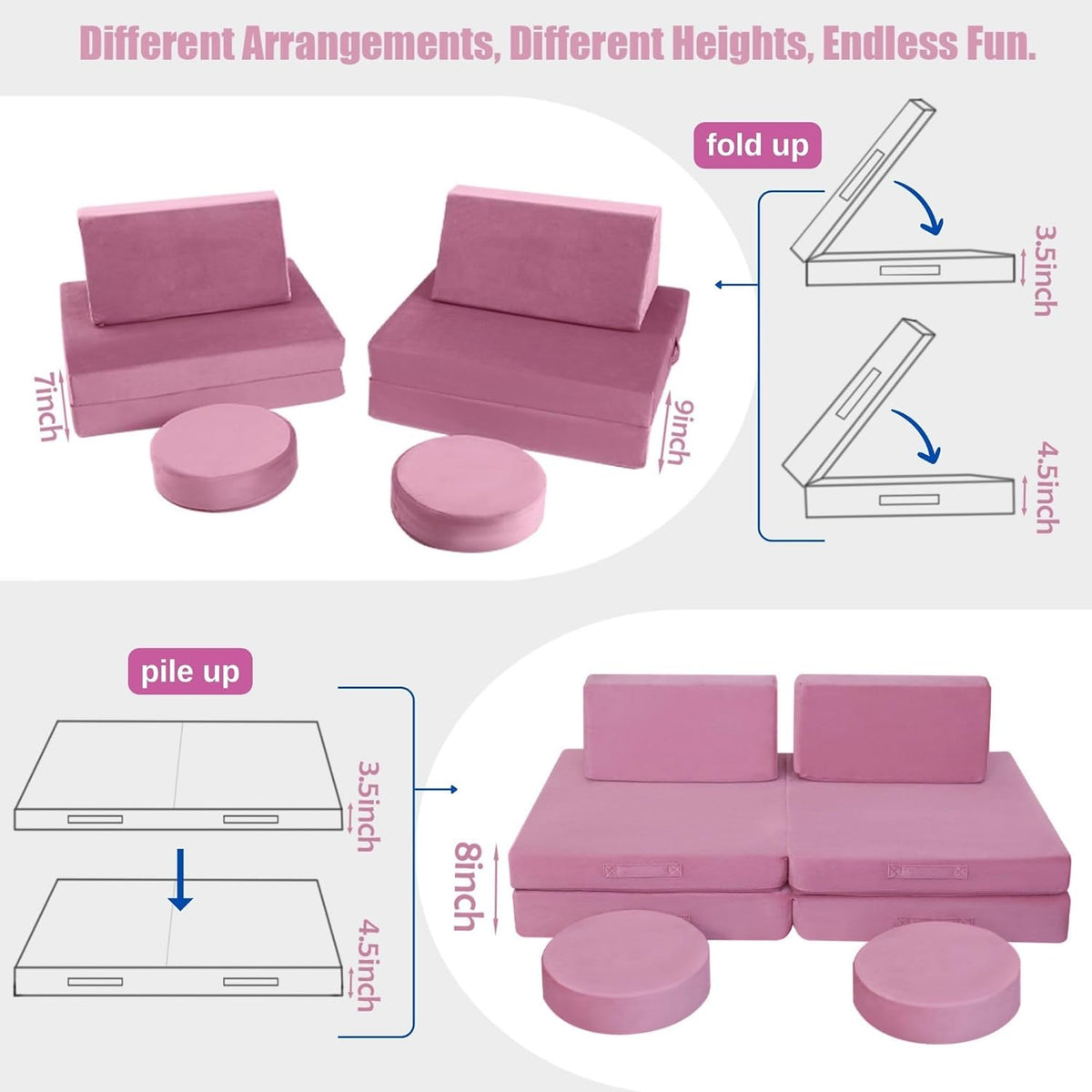 MeMoreCool 8-Piece Modular Kids Play Couch, Pink Convertible Foam Toddler Sofa Play Set for Playroom