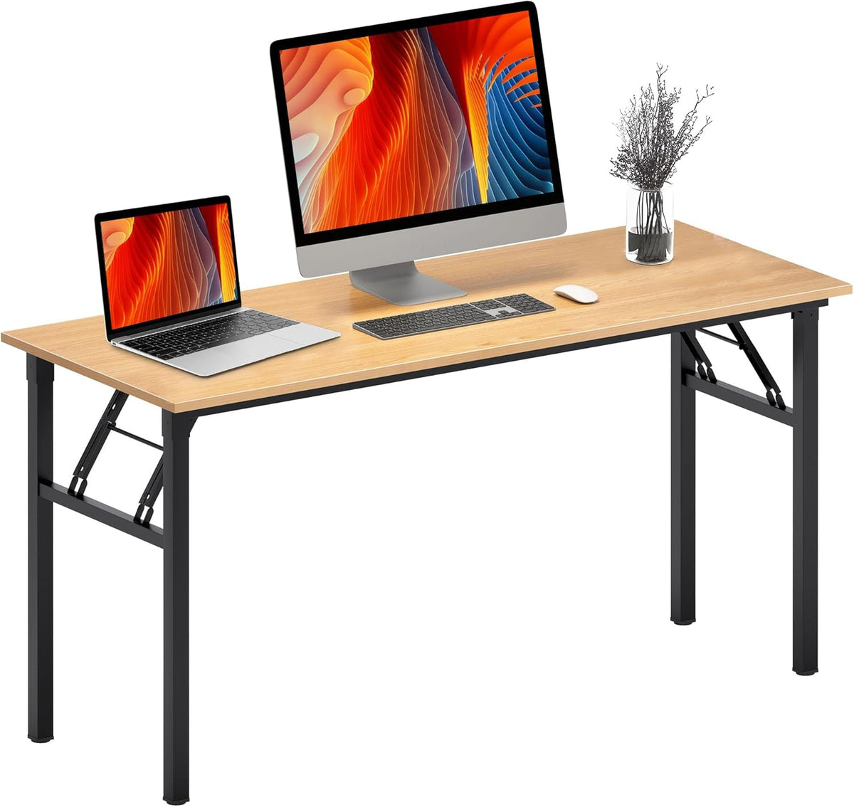 DlandHome Computer Desk, 59.8Inch Office Desk Computer Table, Study Writing Study Desk for Home Office, Teak and Black