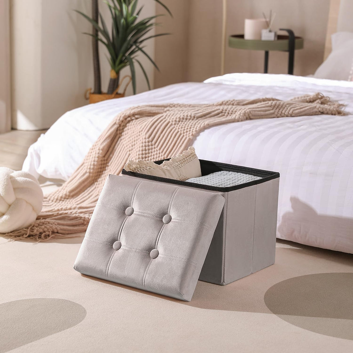 PRANDOM Ottoman with Storage [1-Pack] Velvet Folding Small Square Foot Stool with Lid for Living Room Bedroom Coffee Table Dorm Light Grey 17x13x13 inches
