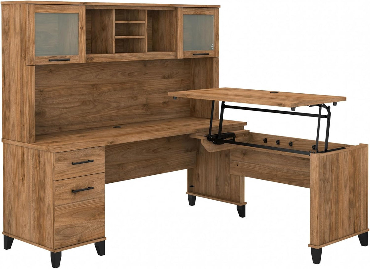 Bush Furniture Somerset 72W 3 Position Sit to Stand L Shaped Desk with Hutch in Fresh Walnut Adjustable Height Table for Home Office