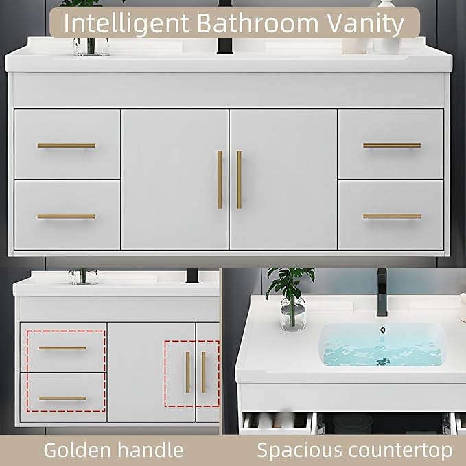 60IN Modern Bathroom Vanity - LED Intelligent Mirror Cabinet Includes Time Display & Defogging | Bathroom Cabinet with Sink & Open Storage Compartments, Ceramic Washbasin, 4 Drawers (Style B)