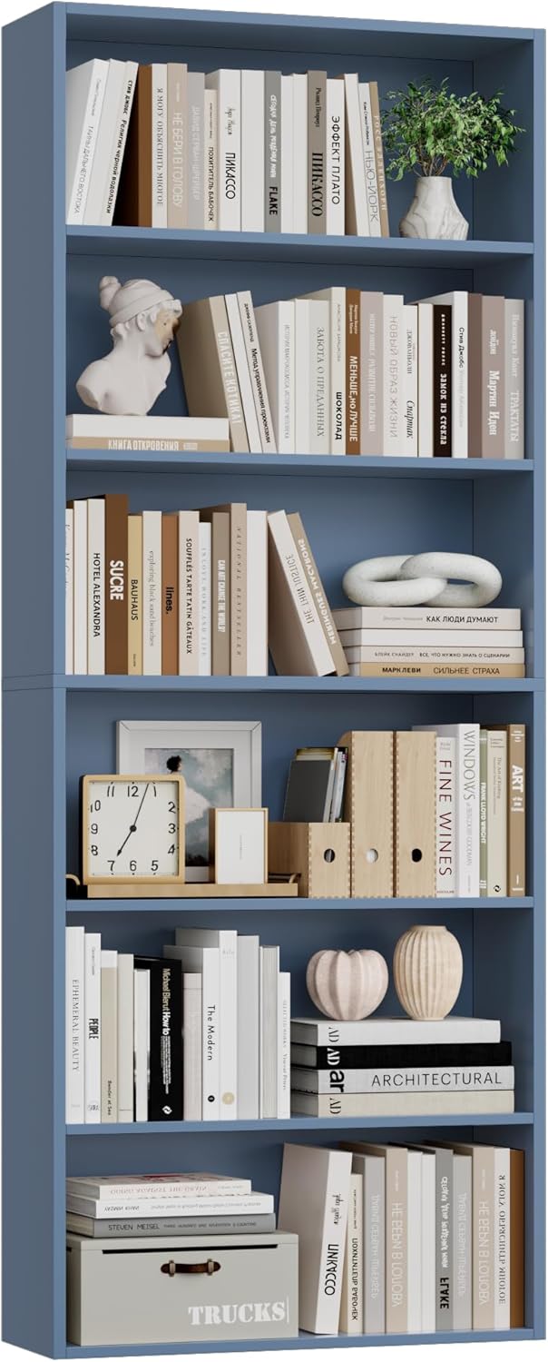 FOTOSOK 6-Tier Open Bookcase and Bookshelf, Freestanding Display Storage Shelves Tall Bookcase for Bedroom, Living Room and Office, Blue