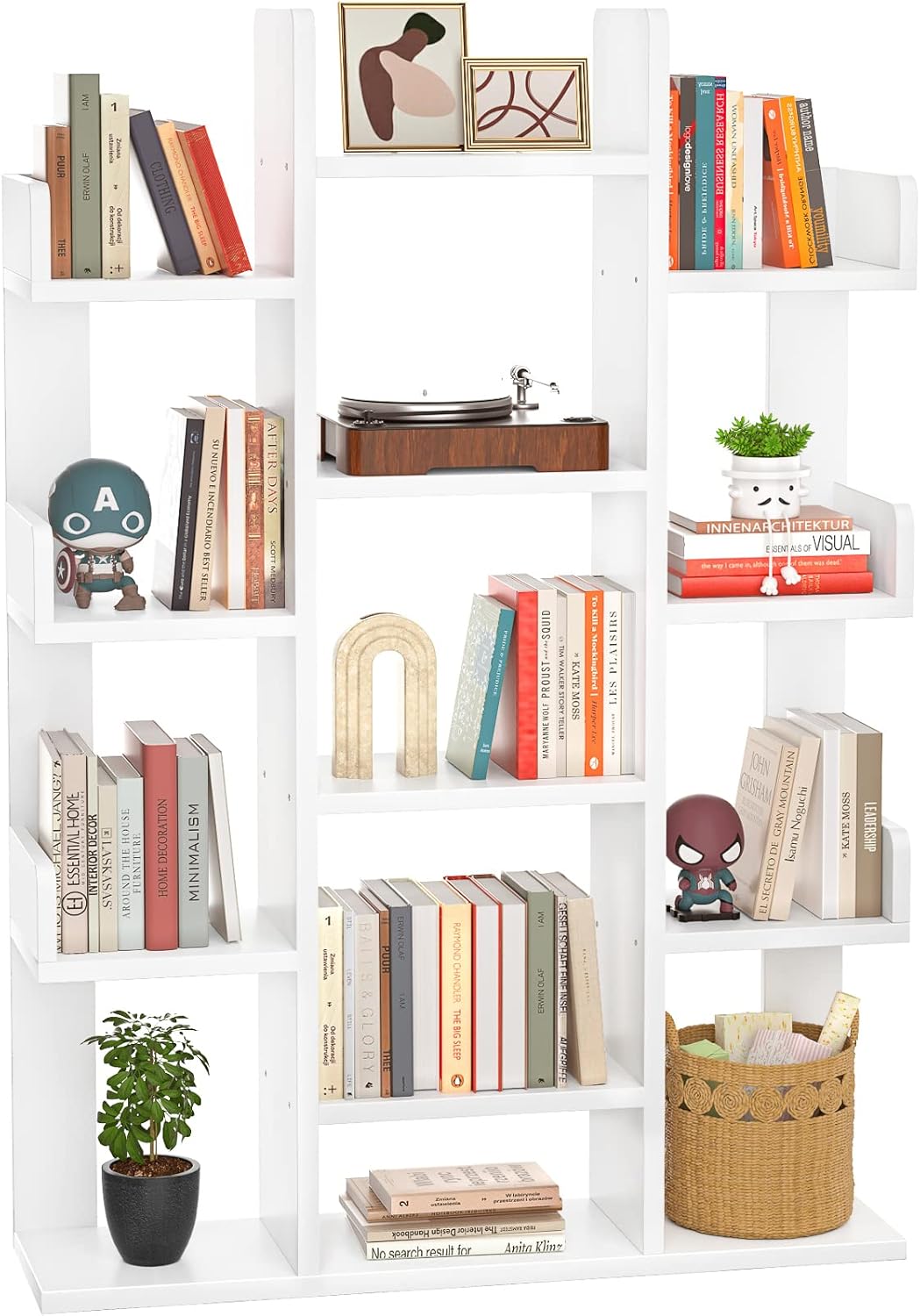 Aheaplus Bookshelf, Tree-Shaped Bookcase Storage Shelf with 13 compartments, Books Organizer Display Cube Shelves, Industrial Free Floor Standing Wood Open Bookshelves for Home, White