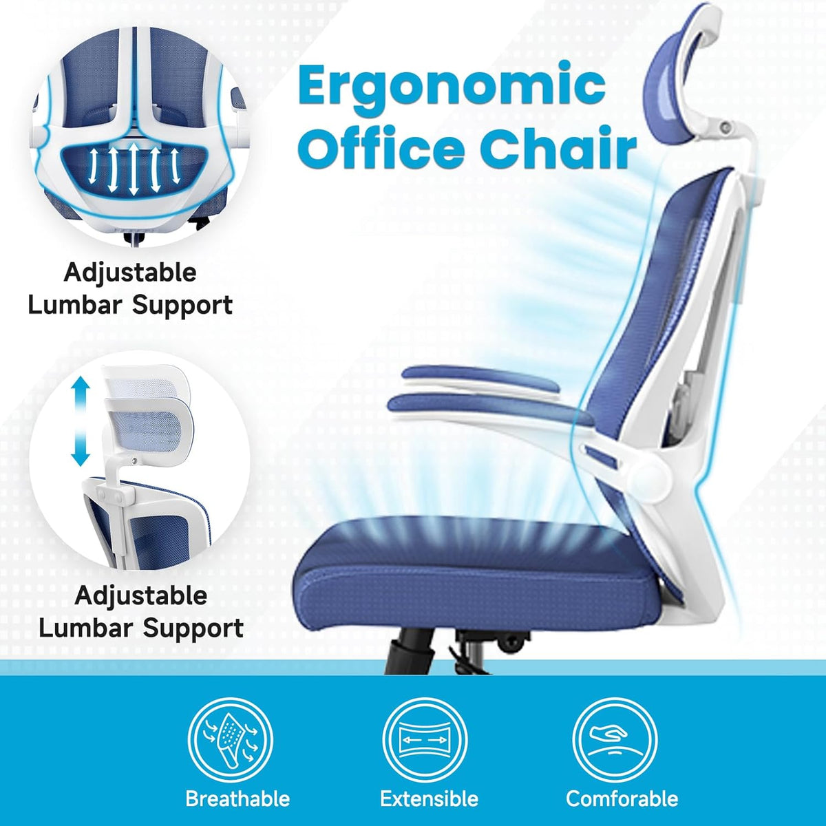 Ergonomic Office Chair - Comfy Desk Chairs with Wheels and Arms, 400LB Heavy Duty Mesh Computer Chairs with Comfortable Head Lumbar Back Support for Office, Bedroom, College Dorm and Study